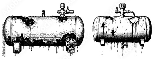 Old rusty industrial tanks leaking liquid grunge style