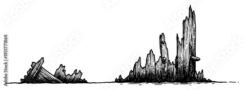 Desolate jagged rock formations or petrified wood landscape sketch