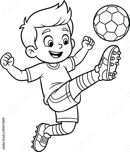 Black and white cartoon illustration of young child playing soccer, kicking ball mid-action with joyful expression, wearing striped socks, cleats, and sports outfit for recreation concepts