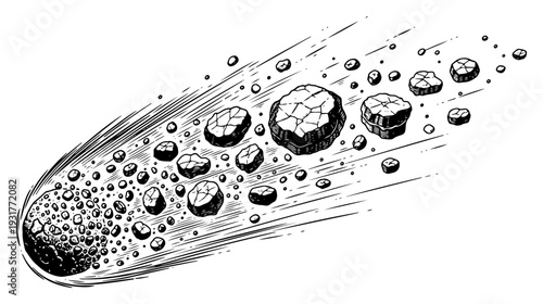 Flying comet or asteroid with rock debris trail hand drawn