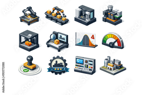 Badge icon production fabrication cnc defect material factory machine icons vector tile