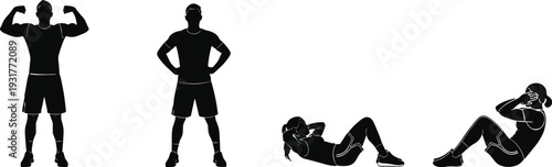 Black silhouette set of people exercising, male bodybuilder flexing and female athlete doing sit-ups, fitness and workout icons on white background,