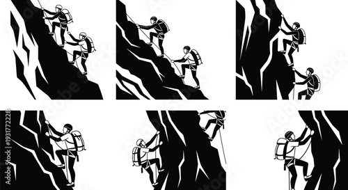 Black silhouette set of mountain climbers ascending steep rocky cliffs with ropes and backpacks, extreme outdoor adventure and teamwork icons,