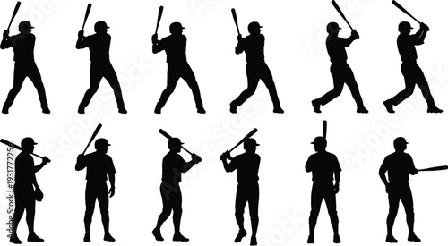 Black silhouettes of baseball player in multiple batting stances and swing actions, showcasing sports motion sequence for training, animation, and athletic performance design concepts