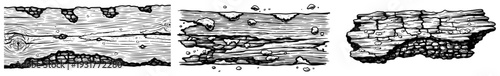 Vintage collection of hand drawn weathered wood bark and rock textures