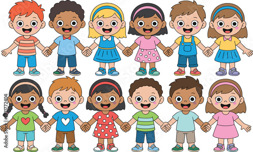 Diverse group of happy multicultural children holding hands in two rows, cute cartoon kids unity concept, school friends standing together vector illustration