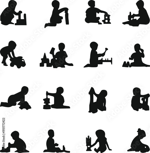 Black silhouette set of toddlers playing with building blocks and toys, early childhood education and creative play icons, isolated set,