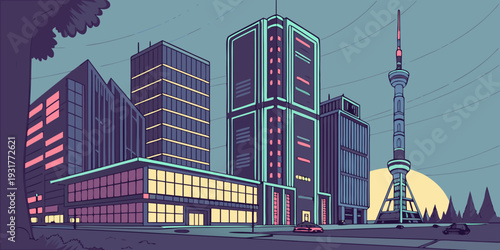 Modern cityscape with sleek skyscrapers and communication tower at dusk