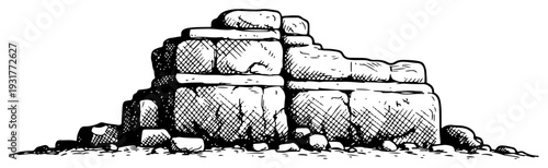 Stacked weathered rock formation in engraving style