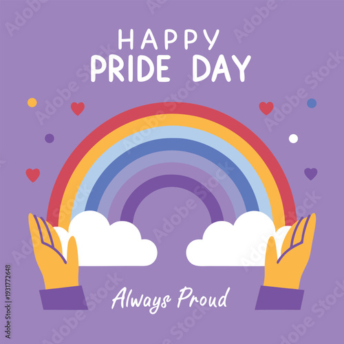 A colorful rainbow and hands celebrate happy pride day with a message of inclusivity high quality