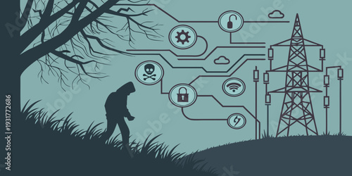 Hacker under tree contemplating cyber security threats and technology