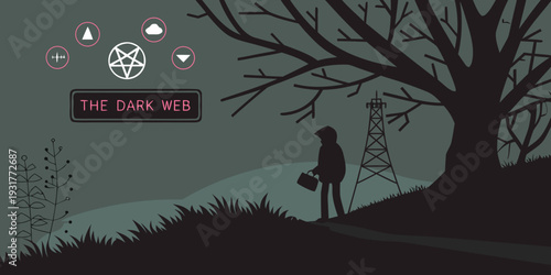 Mysterious figure standing alone in dark landscape with ominous symbols