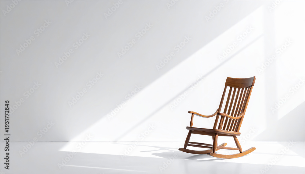 Fototapeta premium Rocking Chair in a Minimal White Room with Copy Space 白い部屋に置かれたロッキングチェアと広い余白2.jpg