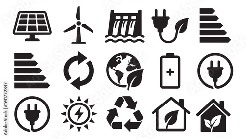 Eco-Friendly Energy and Sustainability Icons - Vector Set of Line Art Symbols for Green Power, Environmental Conservation, and Renewable Resources
