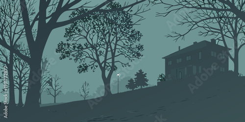 Mysterious house on a hill surrounded by trees at dusk