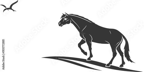 Majestic horse running freely with bird in flight nearby