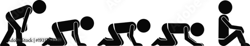 Black stick figure silhouettes showing sequence of movements from standing to crawling and sitting for human physical development and evolution