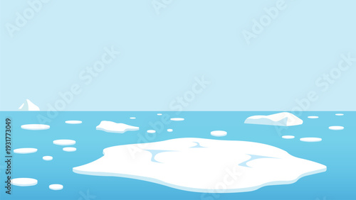 Simple cartoon Arctic seascape with floating ice formations and a calm frozen ocean, vector artwork.