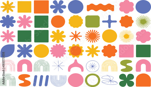 Abstract Geometric Shapes and Colorful Groovy Brutal Icons in Modern Swiss Design Aesthetic Vector Collection