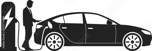 Electric car charging station with businessman silhouette, modern eco transport concept illustration, sustainable vehicle power supply scene, clean energy mobility vector isolated on light background