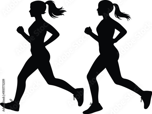 Running Woman Silhouettes Vector Set Featuring Female Athlete Runner Figures in Dynamic Workout Poses
