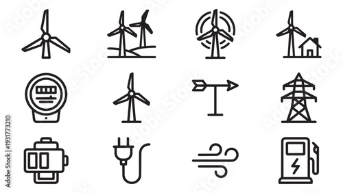 Sustainable Energy and Wind Turbine Vector Icon Collection with Generator and Power Grid Symbols