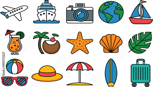 Travel Stickers Illustration Set for Tourism and Summer Vacation with Cartoon Journey and Tour Graphic Elements