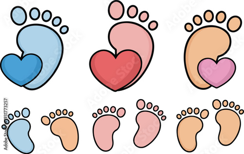 Newborn baby feet collection featuring colorful footprints and heart symbols for nursery and baby shower art.