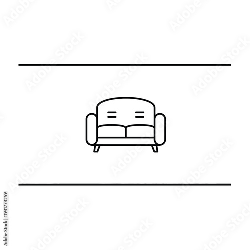 Minimalist line art of a soft plush couch with armrests and cushions centered on a plain background with subtle horizontal lines simple and modern style