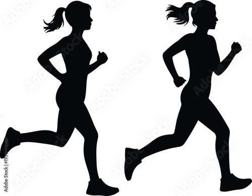 Running Woman Silhouettes Vector Set Featuring Female Athlete Runner Figures in Dynamic Workout Poses