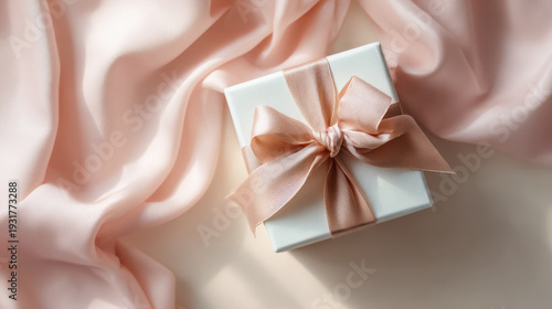 Small beige gift box tied with a pink satin ribbon placed on soft pink fabric. Minimal composition with gentle folds and elegant presentation.
