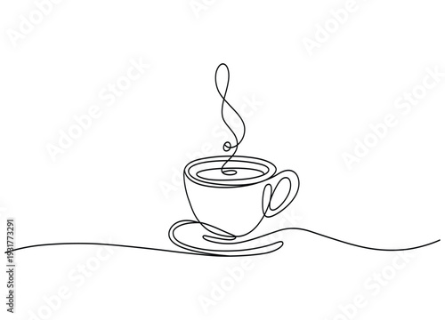Continuous line drawing of a steaming hot cup of coffee on a saucer