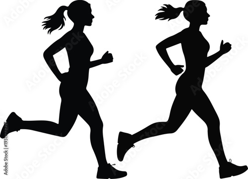 Running Woman Silhouettes Vector Set Featuring Female Athlete Runner Figures in Dynamic Workout Poses