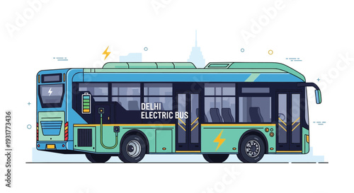 A vibrant illustration depicts a delhi electric bus with energy symbols showcasing sustainable public transport silhouette high quality professional detailed