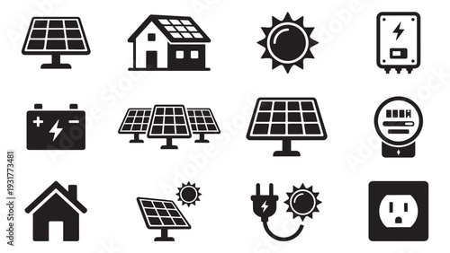 Solar Power and Electrical Infrastructure Icons with Panels, Battery, and Wall Outlet
