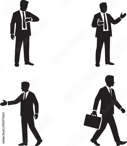 Vector silhouettes of business professionals in various poses, depicting corporate actions presenting, time-checking, greeting, and commuting with a briefcase