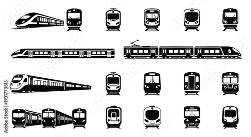 A collection of various train designs displayed in a minimalist black and white style showcasing front and side views silhouette high quality
