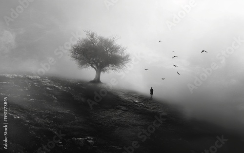 A figure stands alone on a grassy hill surrounded by fog. A solitary tree stands nearby, its branches bare and reaching upward. Birds are flying across the grey sky, adding movement to the stillness