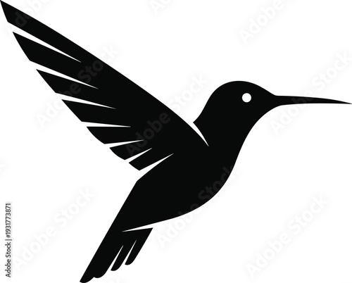 Minimalist black hummingbird silhouette vector illustration of a small bird flying in midair, isolated on white background for nature logo and wildlife branding.