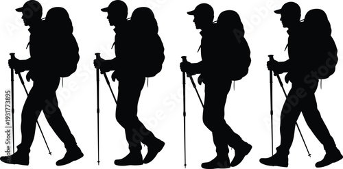 Hiker silhouette walking with backpack and trekking poles, outdoor adventure traveler, mountaineering expedition concept, black vector illustration representing exploration, hiking journey, 