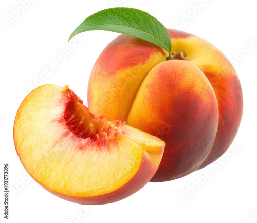 Three peaches with one sliced open fruit fresh green leaf isolated on a transparent background