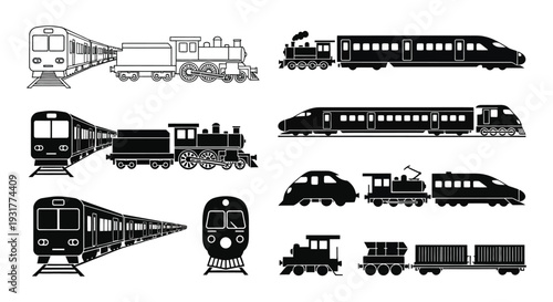 A collection of various train types are depicted in a stark black and white composition silhouette high quality professional detailed