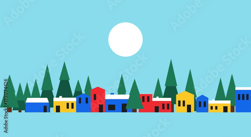 Colorful houses in winter landscape with full moon in bright blue sky for greeting card