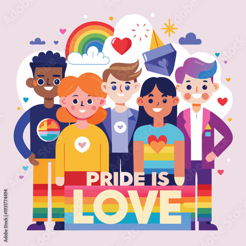 A diverse group of people celebrate pride and love standing before a vibrant rainbow high quality