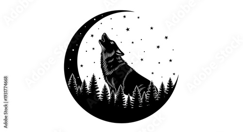 A wolf howling at the crescent moon surrounded by silhouetted trees in a night sky with stars visible in the background, Whisk reference illustration