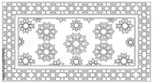 An intricate geometric pattern featuring floral designs and shapes in a detailed illustration from a direct viewpoint.