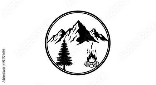 Serene mountain landscape with a tree and campfire, depicted in a circular illustration, surrounded by nature, viewed from a calm vantage point, Whisk eps file reference