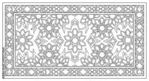 Intricate floral pattern illustration featuring symmetrical designs and geometric shapes in a rectangular border viewed from directly above with ornate details and repeating motifs.