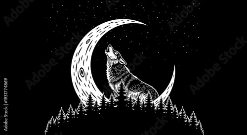 A wolf howling at the crescent moon in a starry night sky, surrounded by trees, in a serene landscape illustration, from a distant viewpoint, Whisk_c7df55db0e4182a80a044955a221ce65dr.eps reference