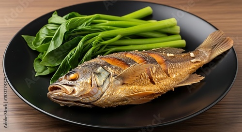 A gourmet meal of fresh grilled trout served on a white plate with roasted vegetables and lemon slices for a healthy seafood dinner